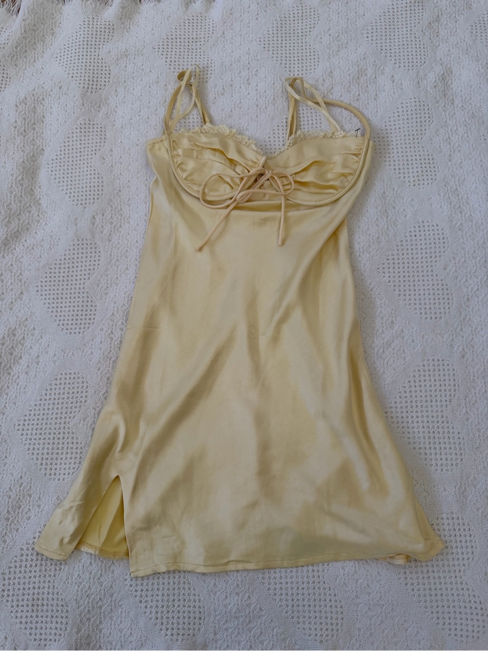 Selfie Leslie Soft Pale Yellow Satin Slip Dress with Tie Front